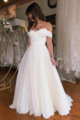 A-Line Off-The-Shoulder Floor-Length Short Sleeve Stain Wedding Dresses with Ruffles